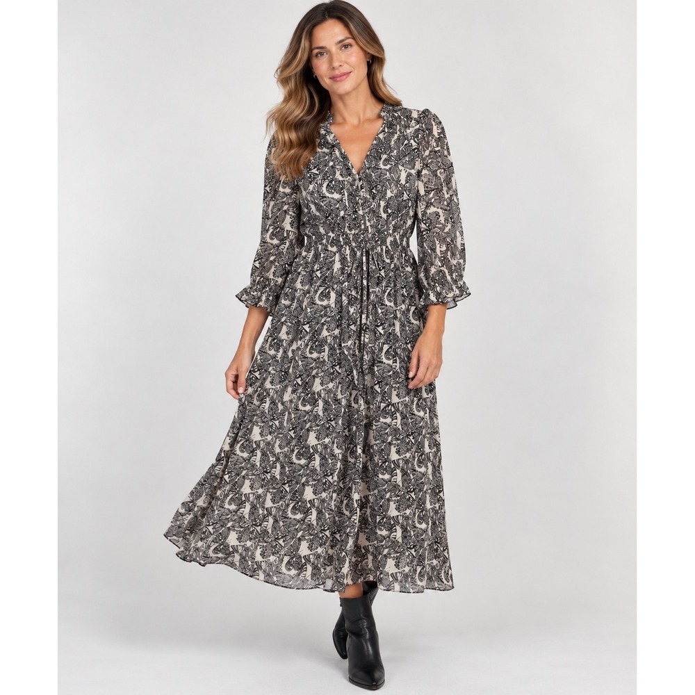 Free People Butterfly Print Maxi Dress Black Purple Button Front Drawstring M